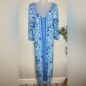 Lilly Pulitzer Blue Tropical Print Maxi Dress XL V Neck Resort Vacation Dress
